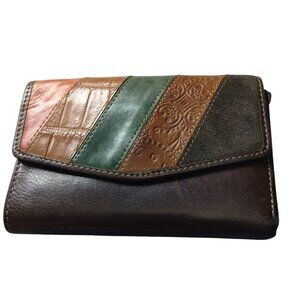 FOSSIL Brown Striped Chevron Embossed Tri-Fold Leather Wallet Snap Flap Vintage